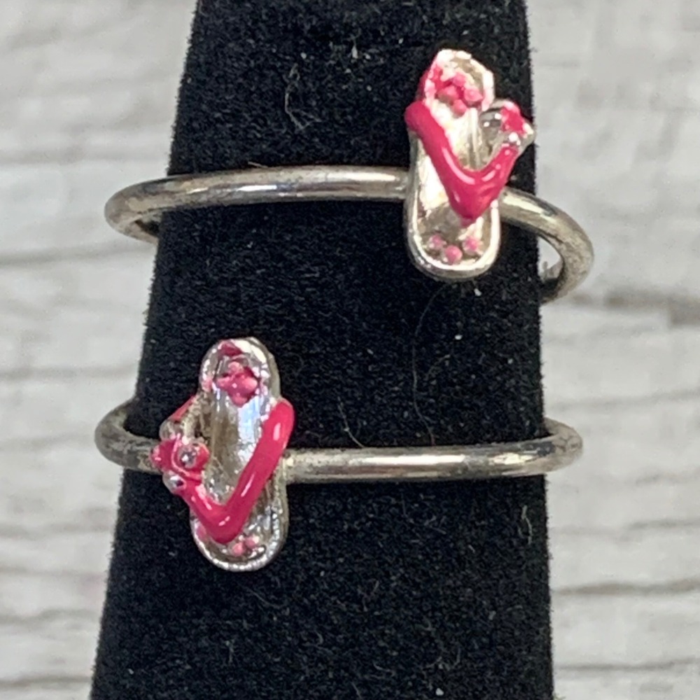 Silver Tone Pink Enamel Flip Flop Bypass Adjustable Ring Summer Beach Jewelry